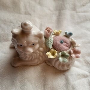 BONE CHINA Cat Pin Cushion with Floral Accents